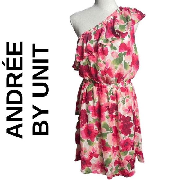 ANDREE BY UNIT One Shoulder Floral Dress, Ruffled Top, Knee length, NWT, Size M - Picture 1 of 7